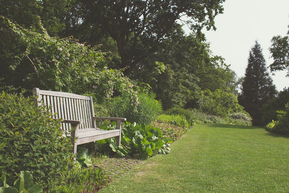 A peaceful garden scene featuring a wooden bench situated on a narrow stone-paved pathway, surrounded by lush green foliage and vibrant flowering plants. The grass lawn is well-maintained with neatly