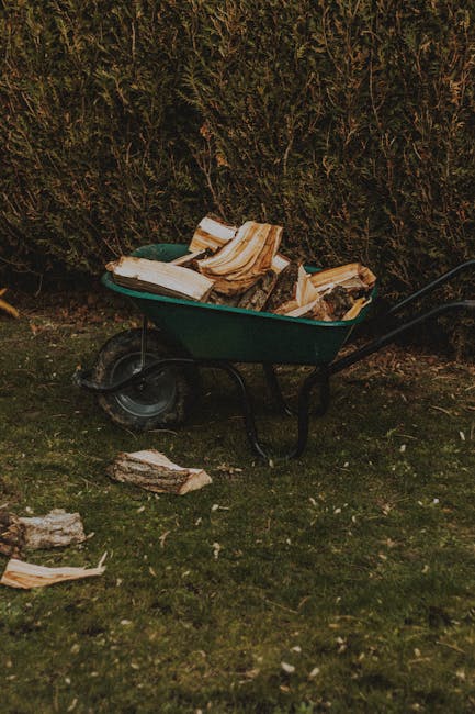 A blue plastic wheelbarrow with a single black wheel and red hub, filled with green leafy garden waste, including ivy and small branches, positioned on a grassy lawn. The grass appears slightly uneven
